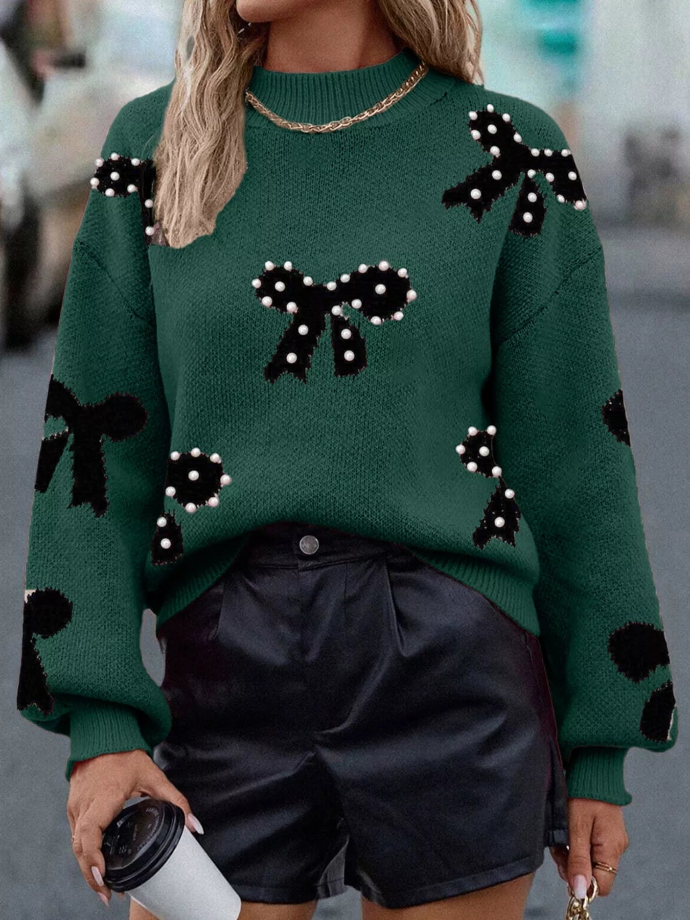 Pearl Bow-Embellished Long Sleeve Sweater