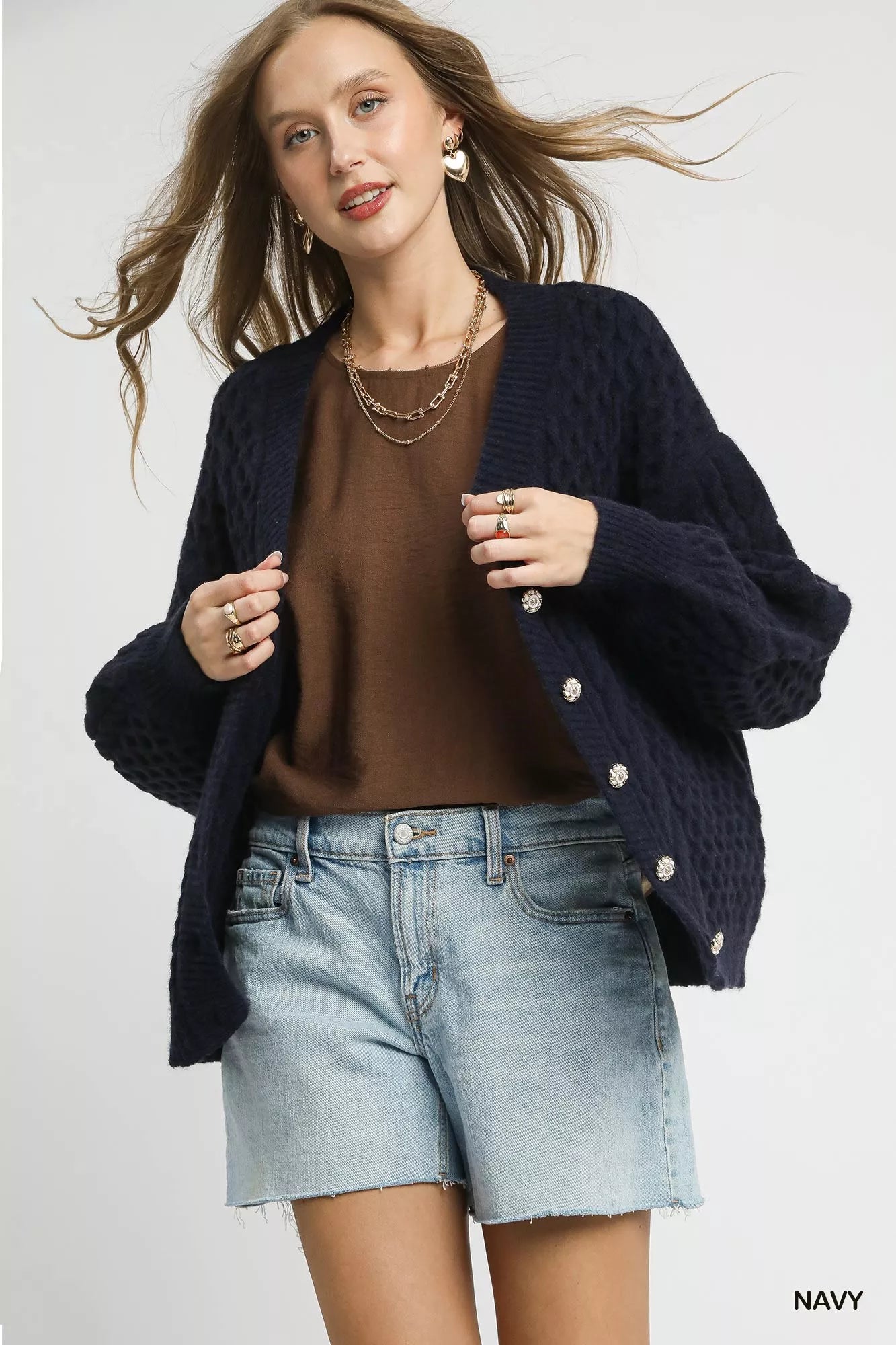 Umgee Cable Knit Pearl Button Cardigan