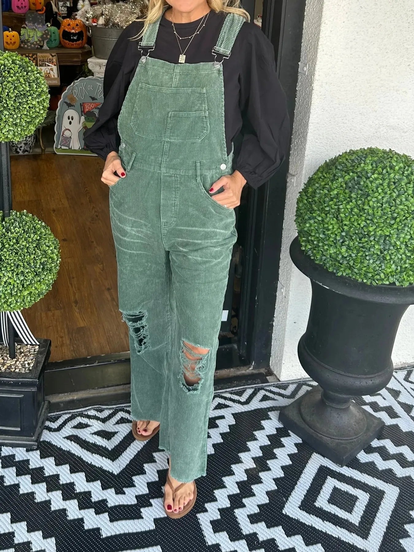 Distressed Wide Leg Corduroy Overalls