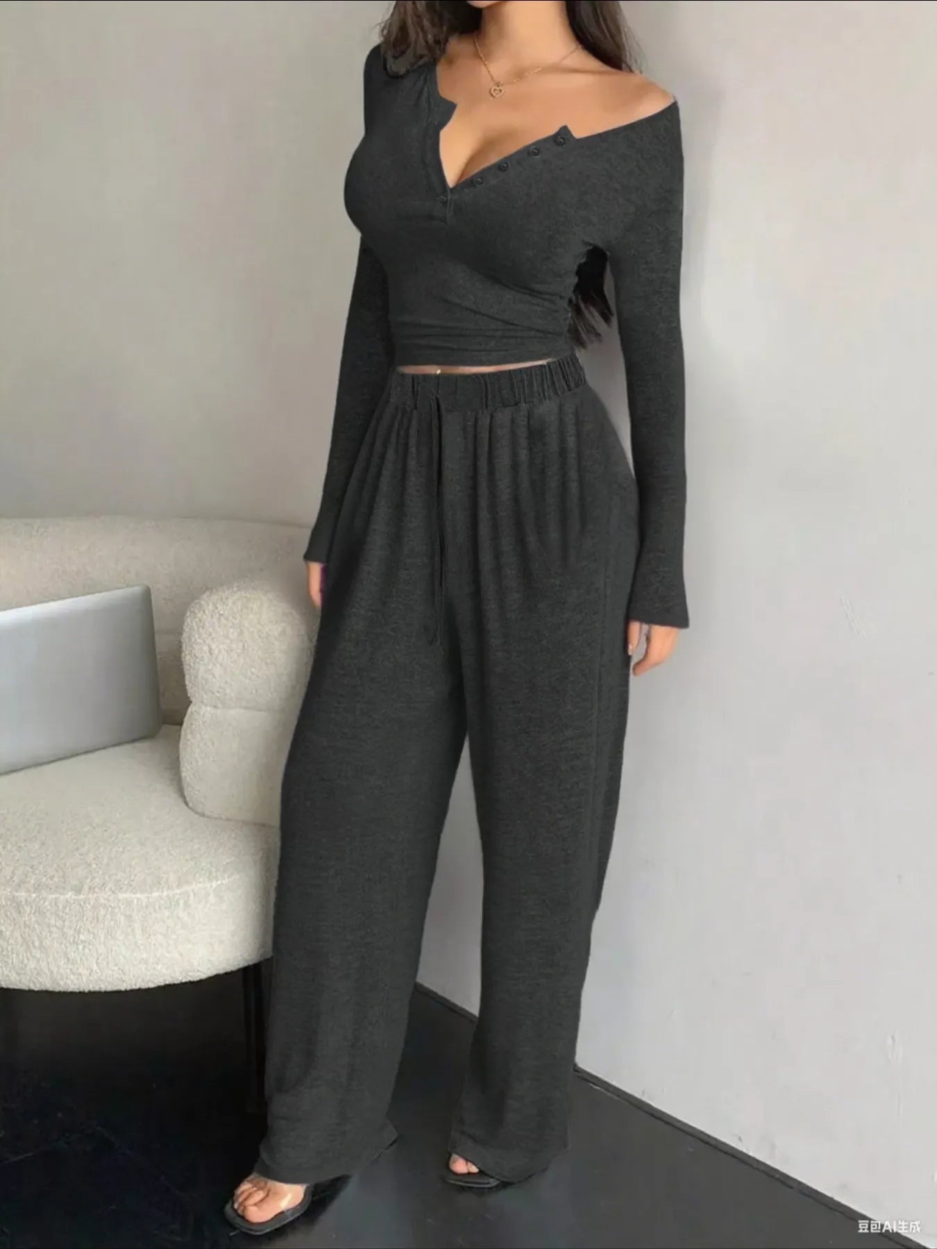 Casual Long Sleeve Top and Wide Leg Pants Set