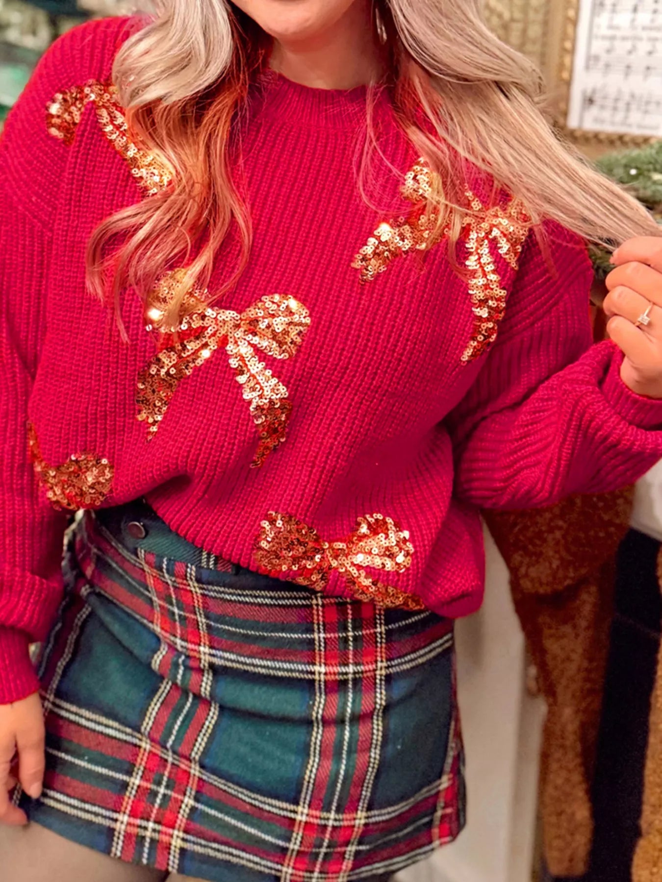Sequin Bow Accent Drop Shoulder Sweater