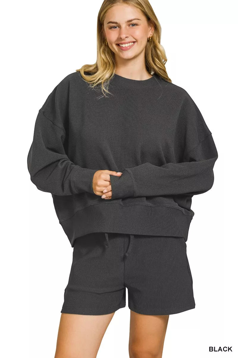 Zenana Ribbed Round Neck Pullover and Shorts Set
