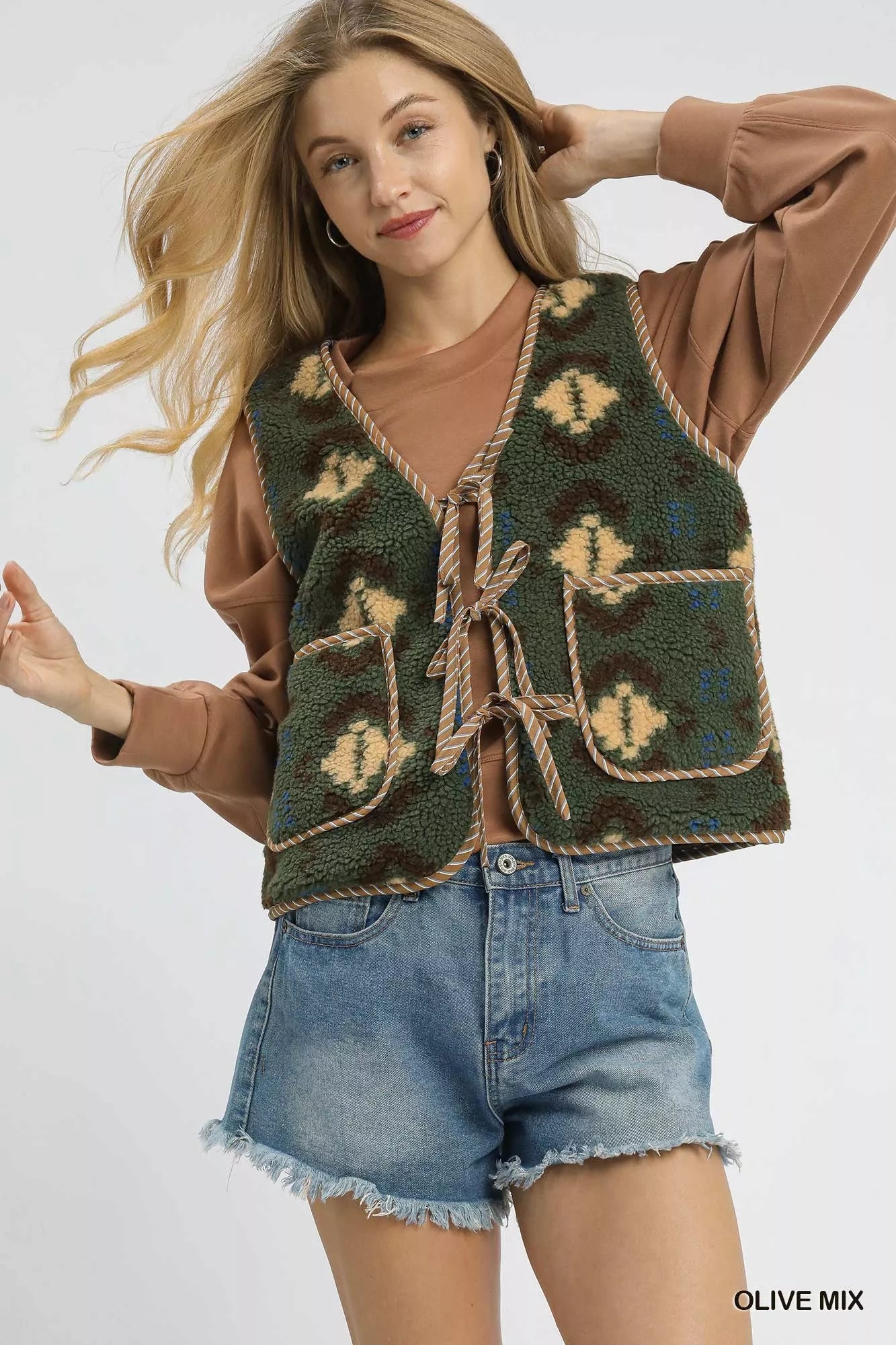 Umgee Mix Patterned Sherpa Tie-Front Vest