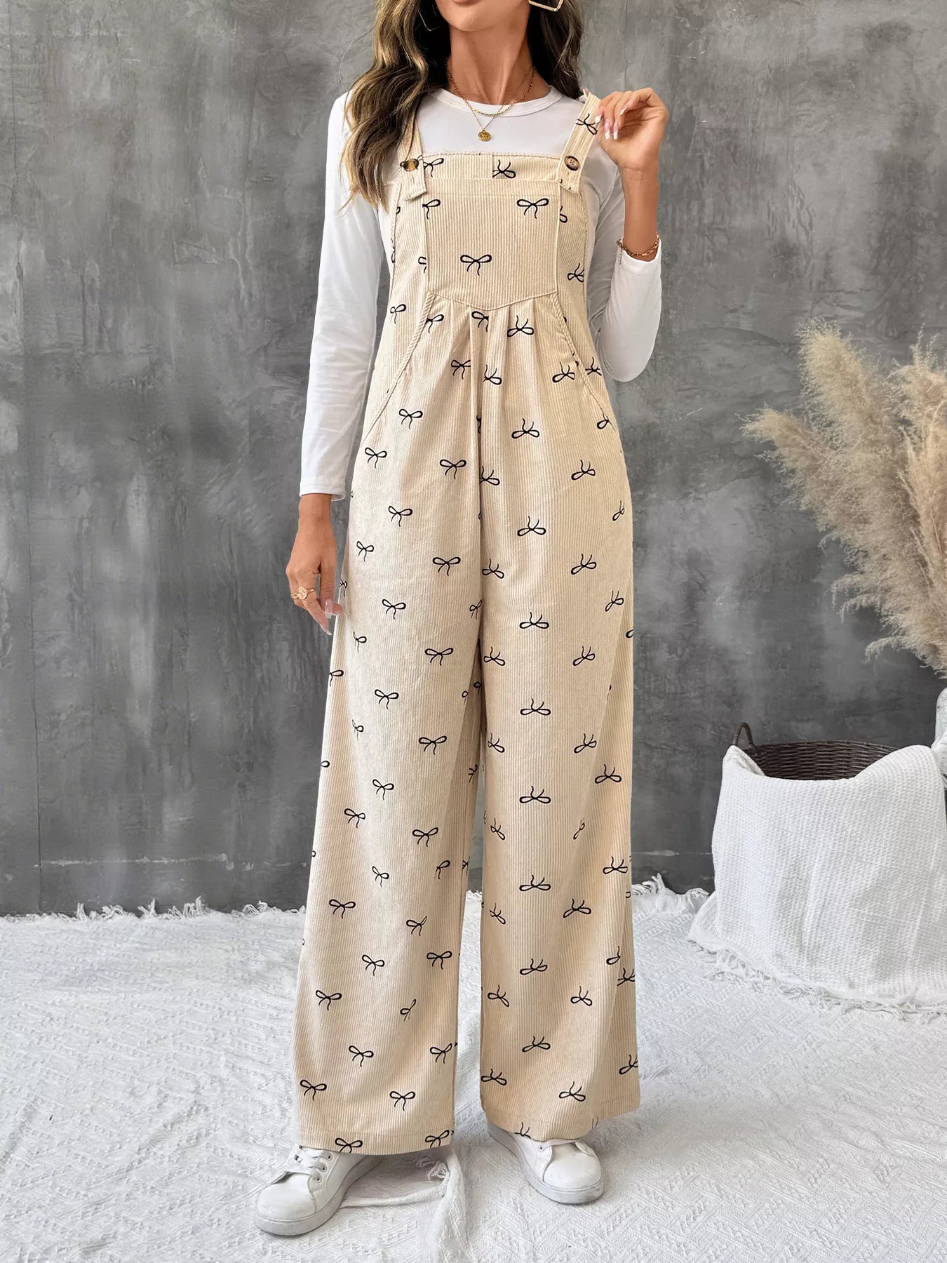 Bow Wide Leg Corduroy Overalls