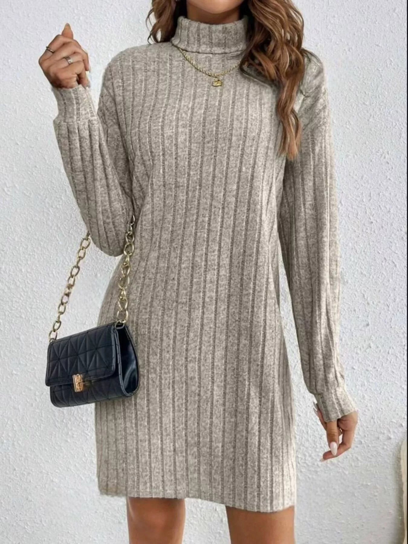 Casual Ribbed Turtleneck Long Sleeve Mini Dress