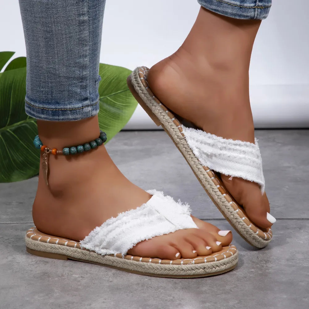 Toe Post Raw Hem Flat Sandals