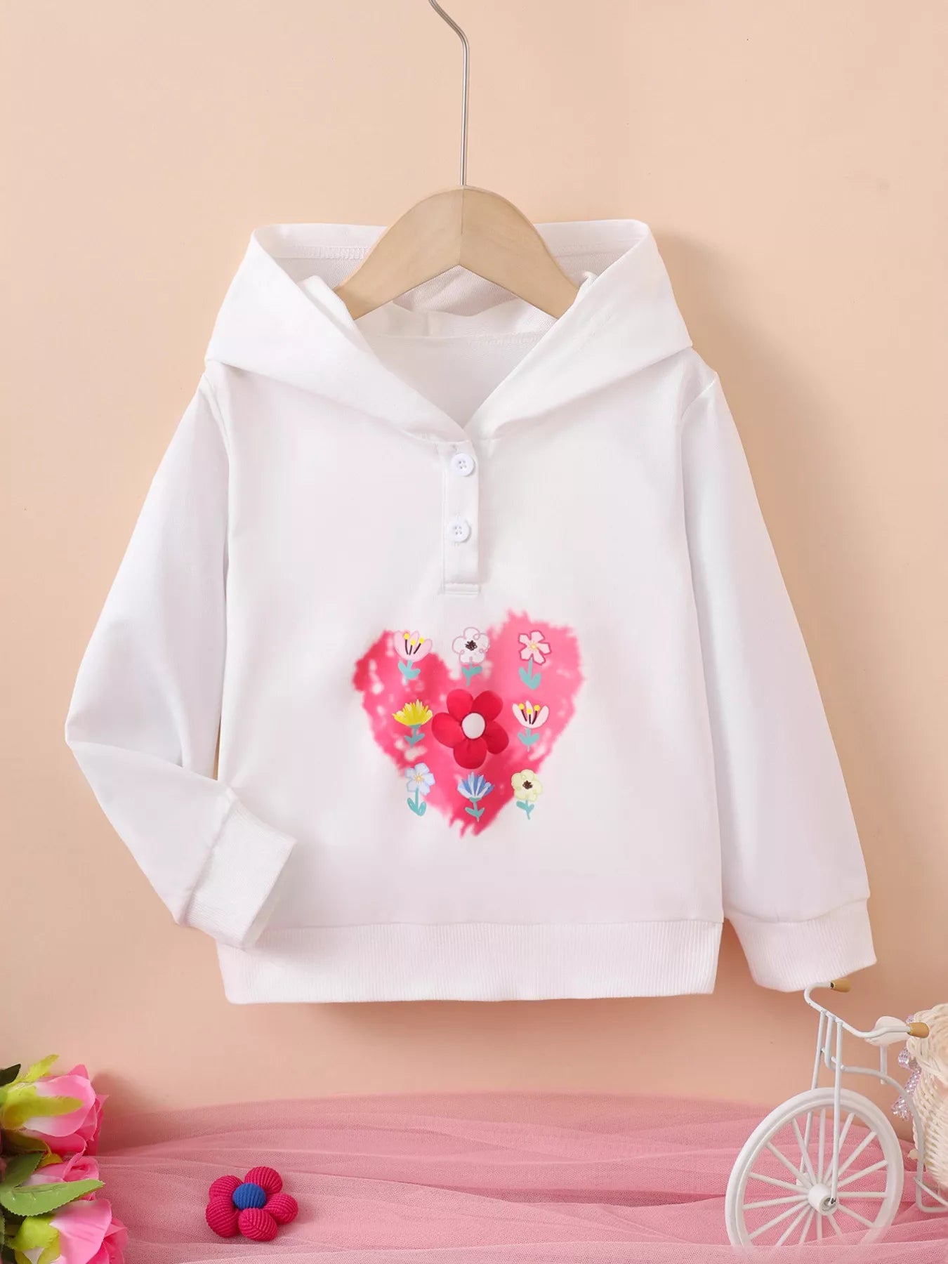 Children's Floral Heart Graphic Buttoned Hoodie