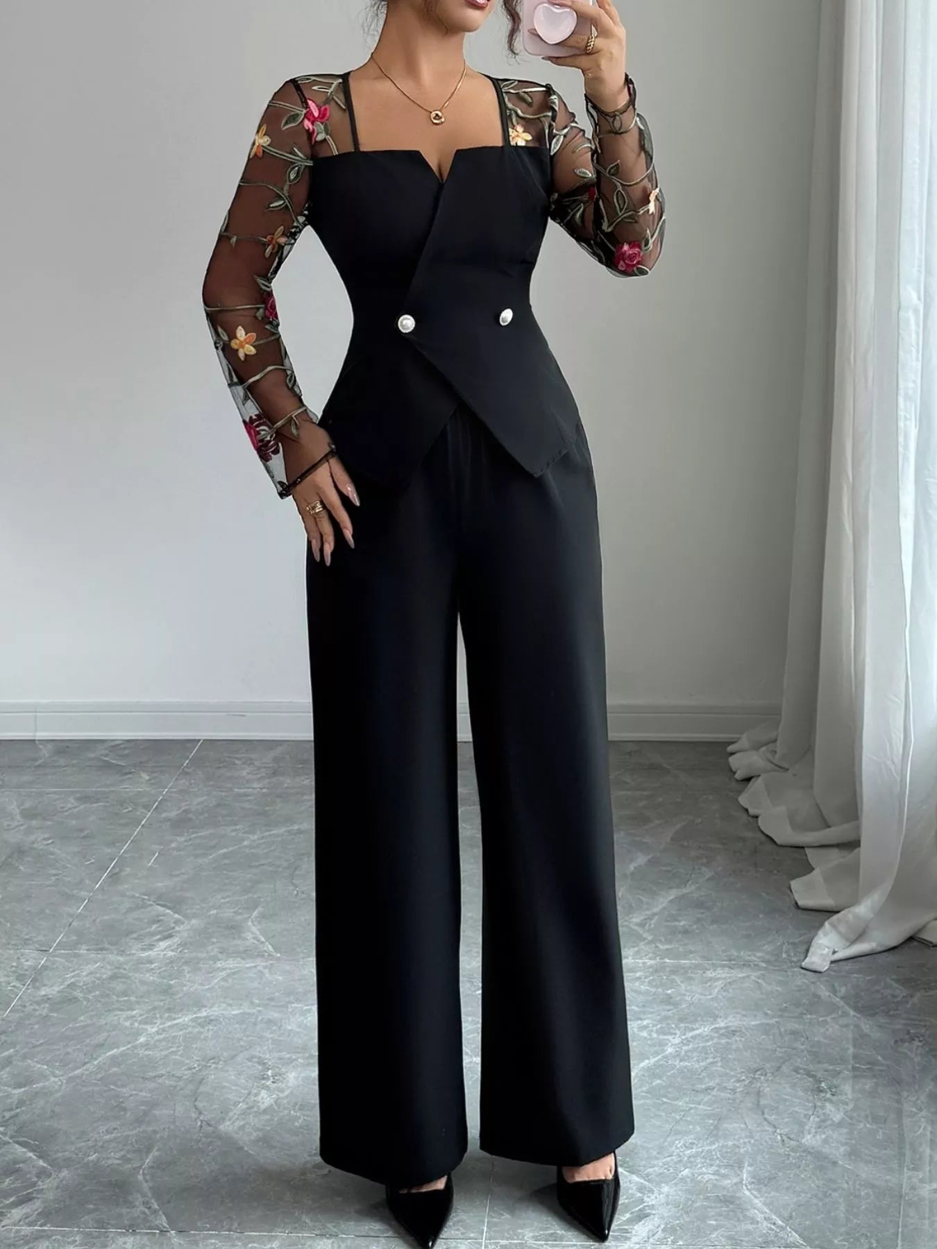 Floral Embroidered Sleeve Top and Pants Set