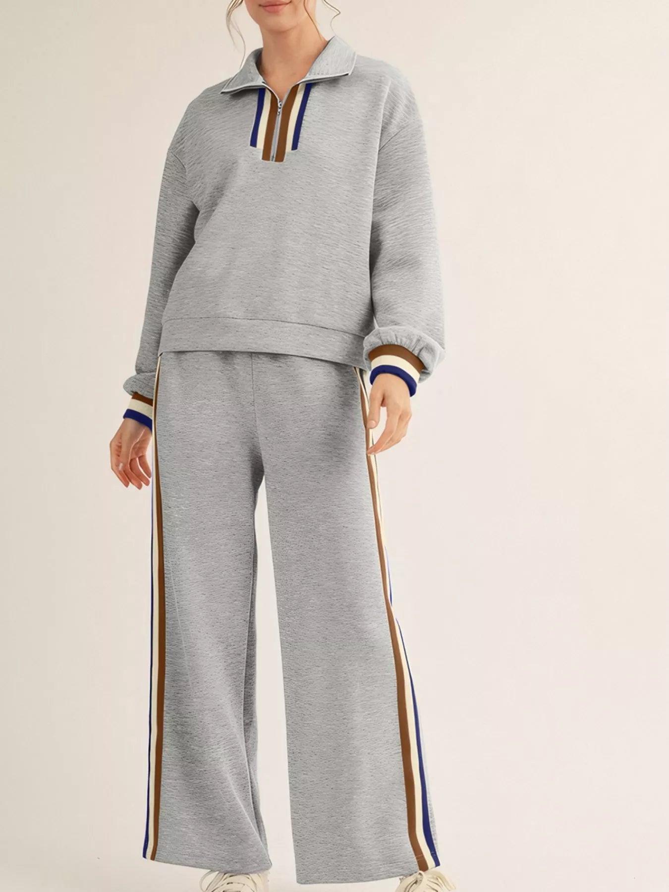 Casual Striped Trim Top and Pants Set