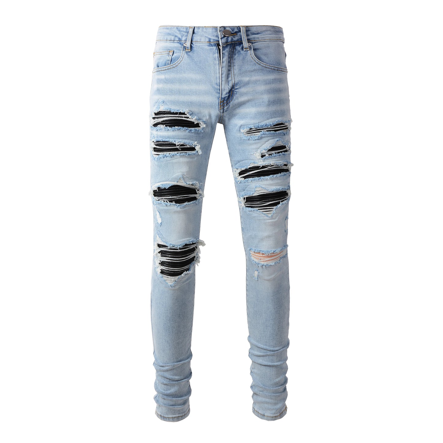 Wholesale Black Patch Pants Hip Hop Blue Clothing Stretch Elastic Stack Ripped Slim Fit Skinny Designer Denim Jeans for Men