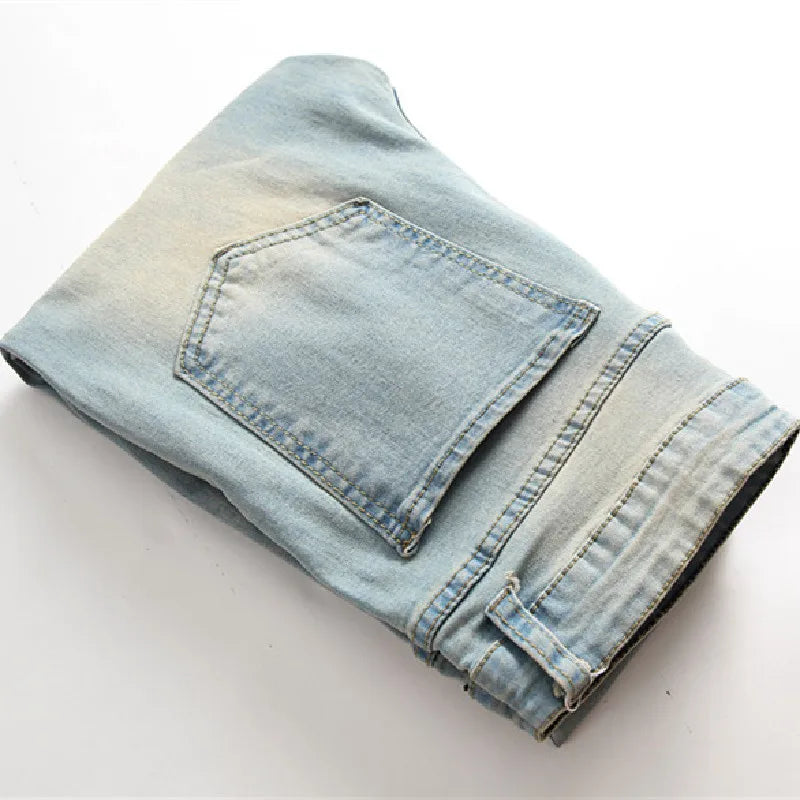 Simple Style Retro Solid Holes Skinny Men Jeans Trousers Stylish Male Ripped Stretch Jogging Casual Denim Pants