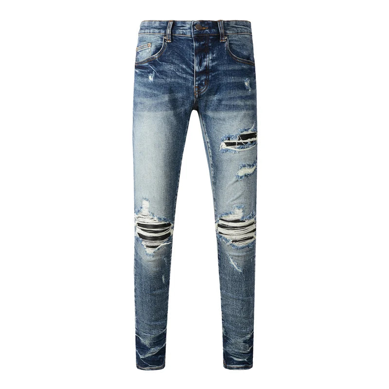 Street Fashion Men Jeans Retro Washed Blue Stretch Skinny Fit Ripped Jeans Men Patched Designer Hip Hop Brand Denim Pants Hombre