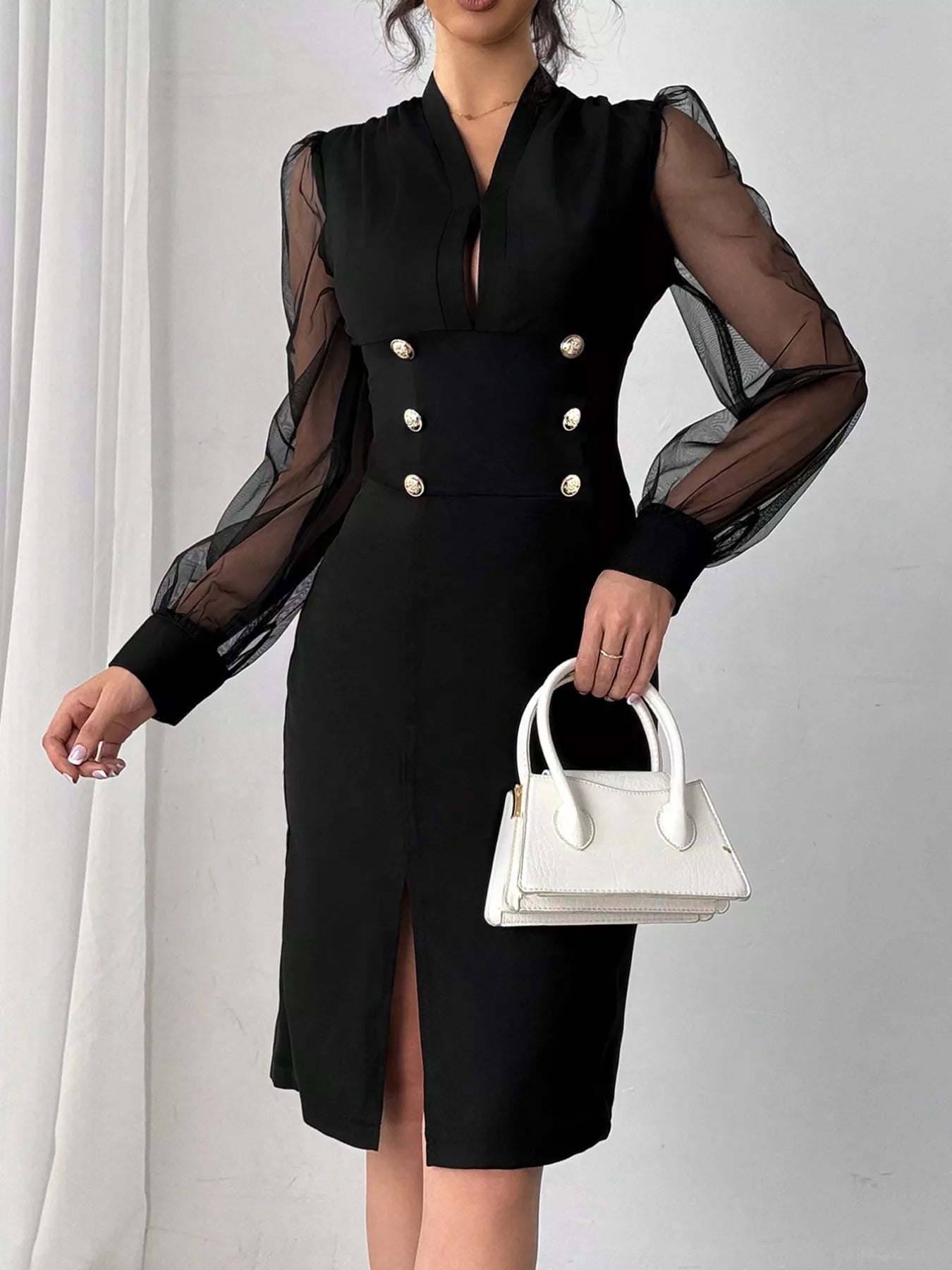 Slit Front Sheer Sleeve Dress
