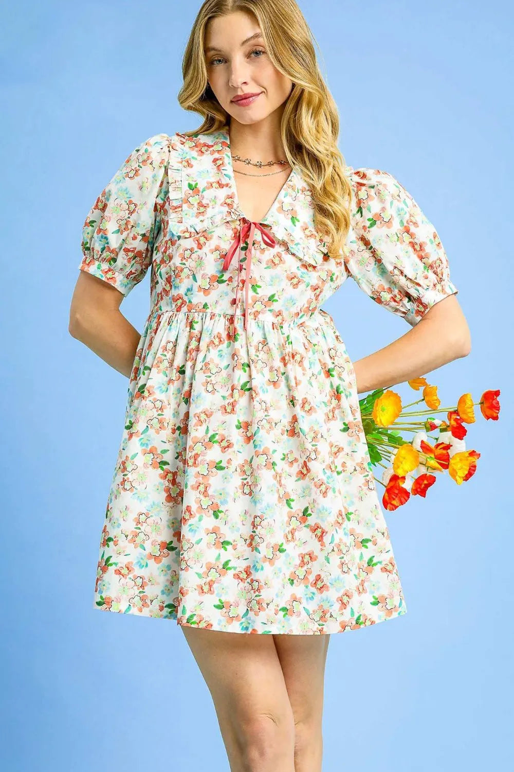 Umgee Floral Print Puff Sleeve Tie Front Mini Dress