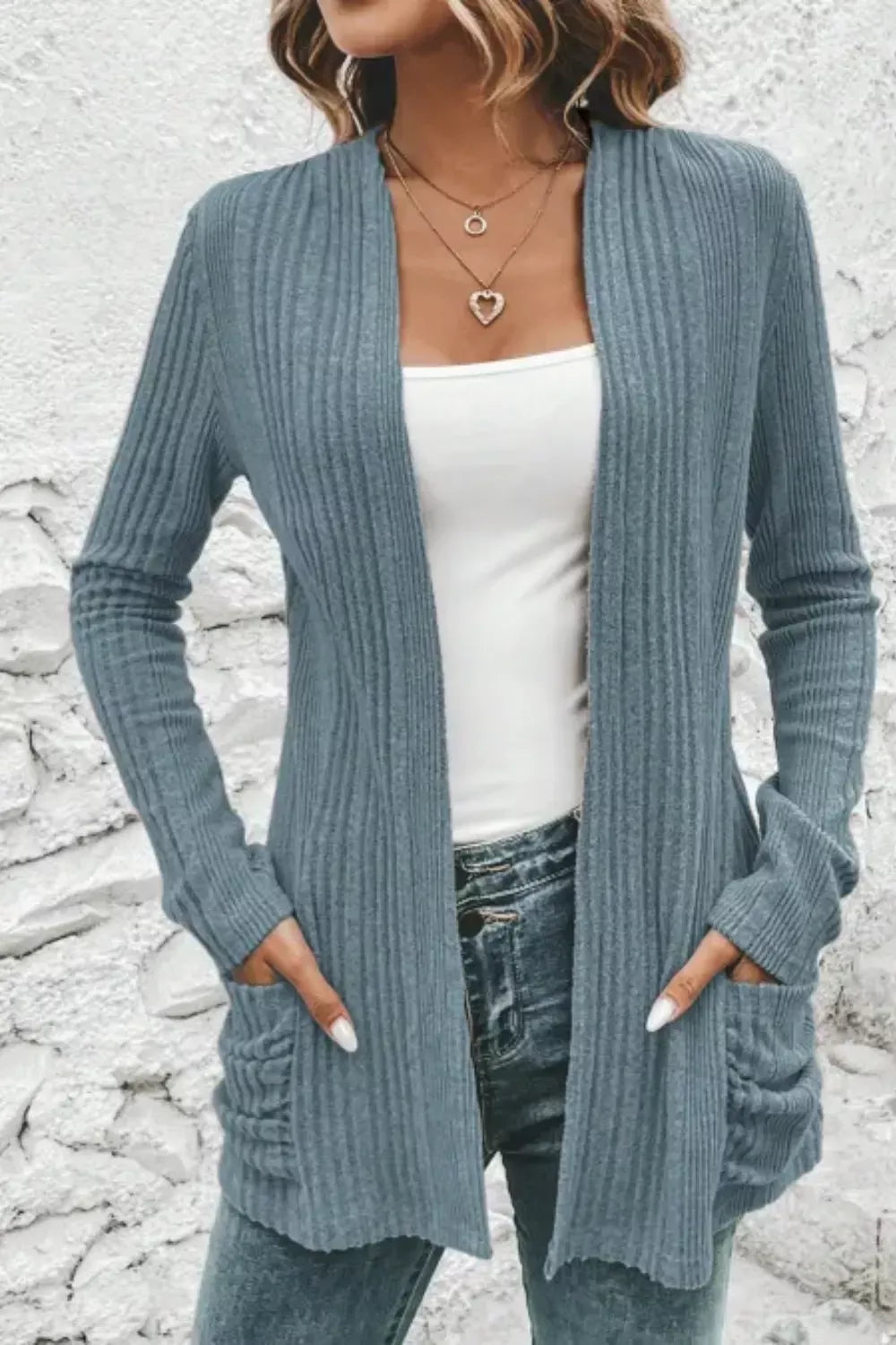 Ribbed Knit Open Front Cardigan with Pockets