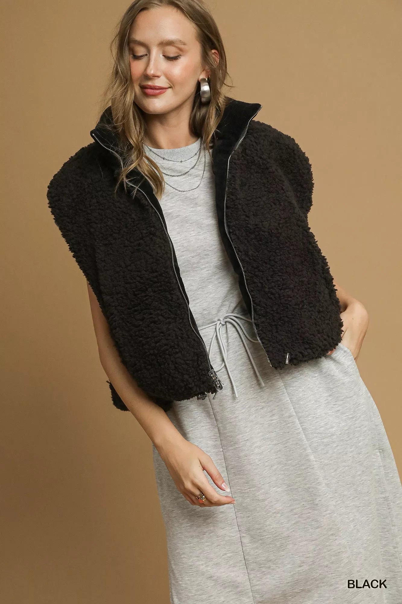 Umgee Sherpa-Lined Zip Vest with Drawstring Hem