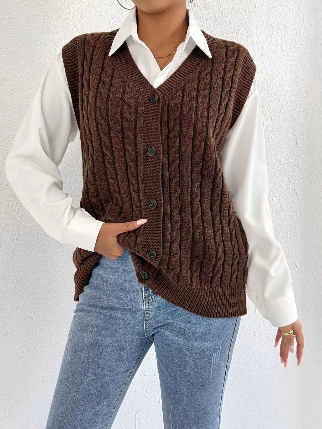 Cable-Knit Button-Up Sweater Vest