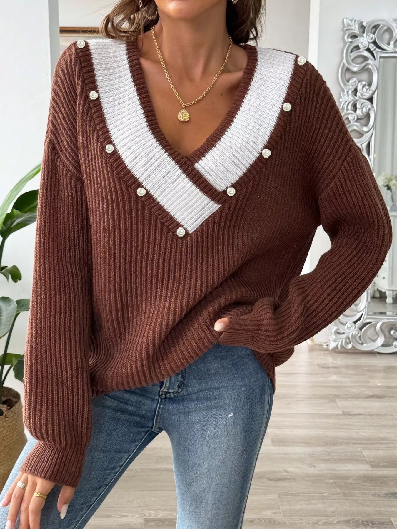 V-Neck Button-Decorated Sweater