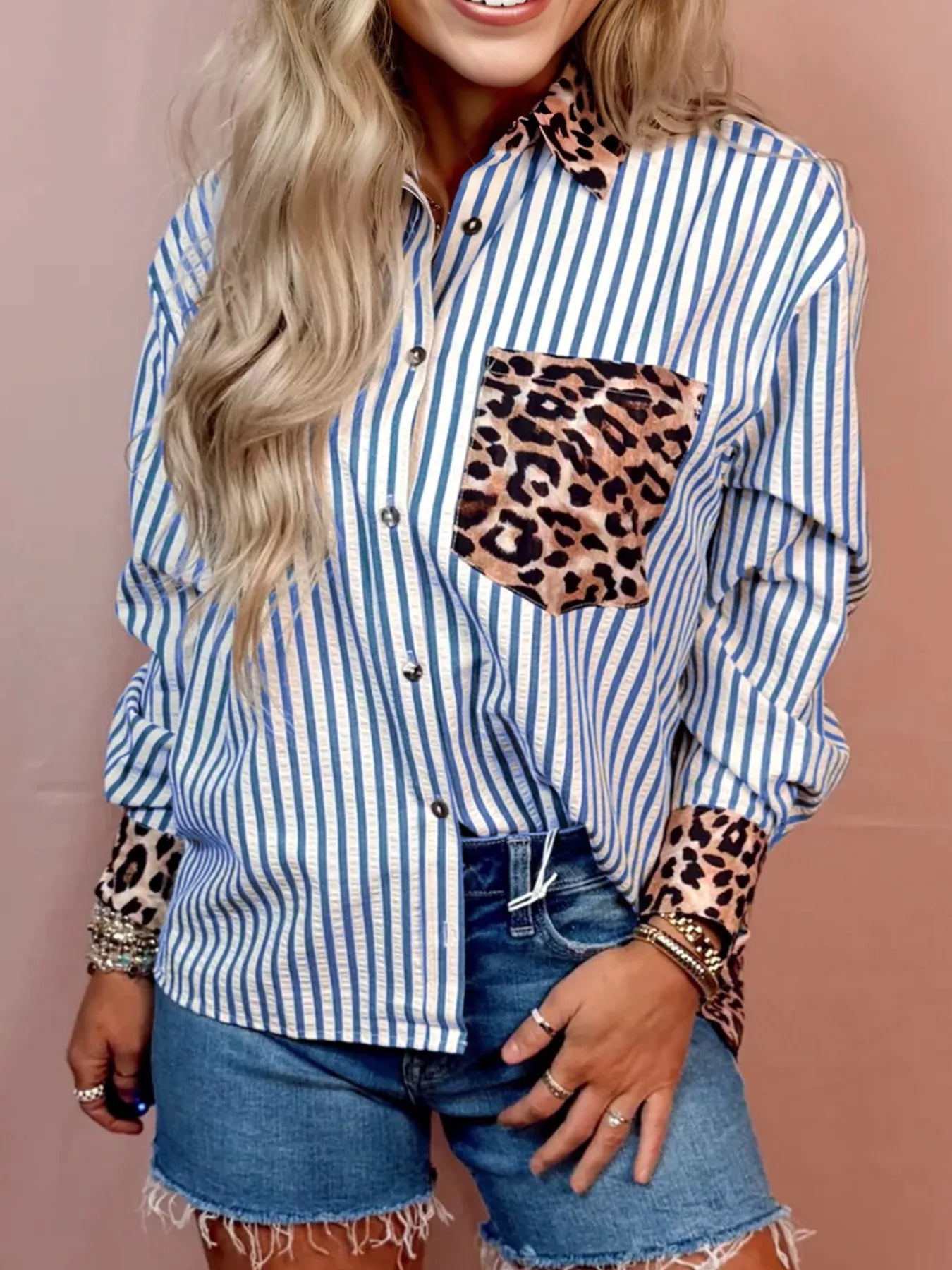 Striped Leopard Print Patchwork Button Up Shirt