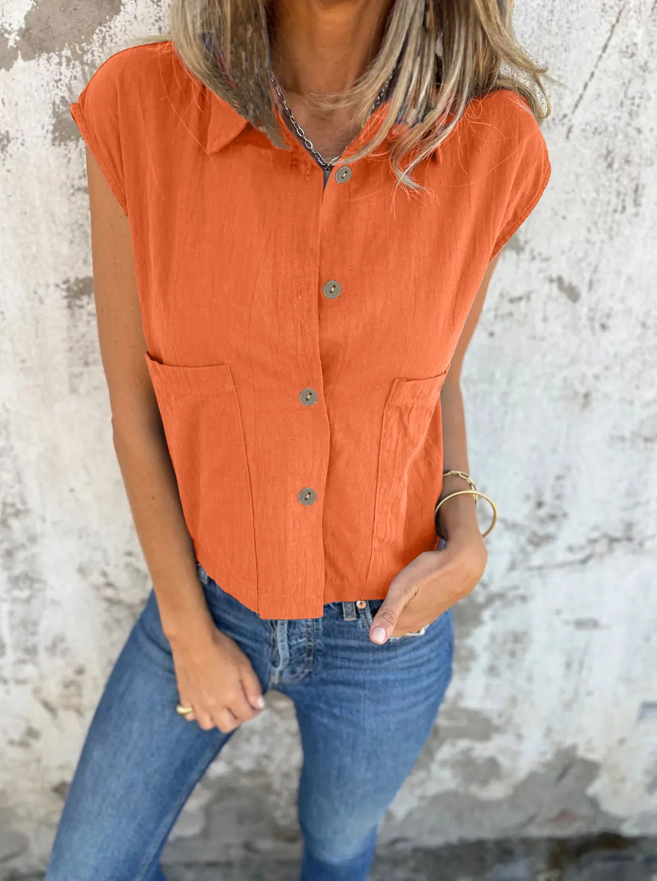 Full Size Button Down Cap Sleeve Linen Shirt Plus Size