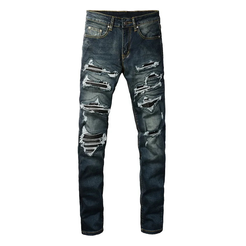 Wholesale Black Patch Pants Hip Hop Blue Clothing Stretch Elastic Stack Ripped Slim Fit Skinny Designer Denim Jeans for Men