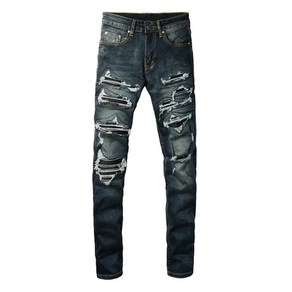 Wholesale Black Patch Pants Hip Hop Blue Clothing Stretch Elastic Stack Ripped Slim Fit Skinny Designer Denim Jeans for Men