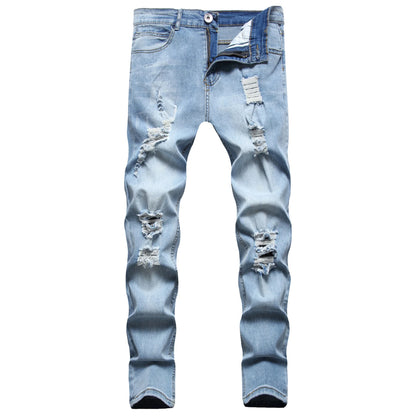Vintage Punk Style Men's Denim Jeans Mid Waist Slim Stretch Printed 100% Cotton Casual Summer Style with Ripped Design