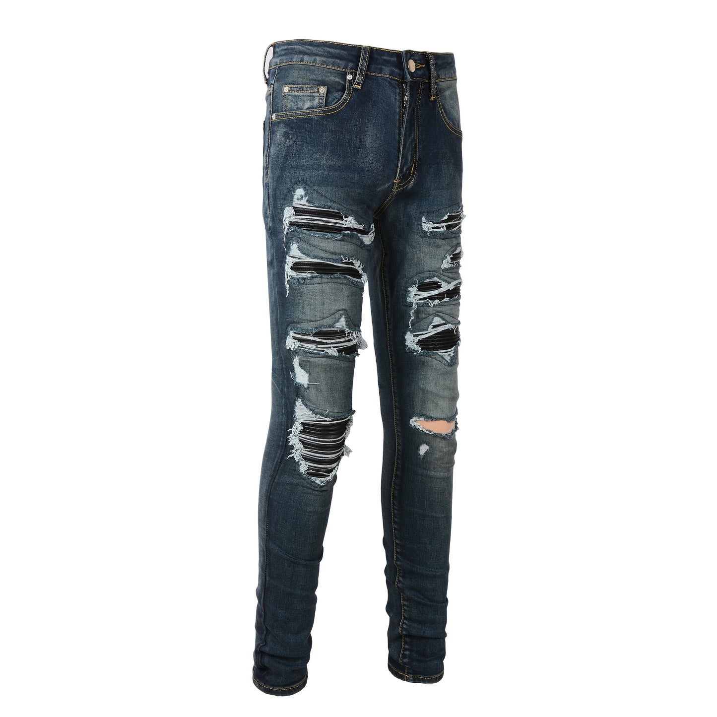 Wholesale Black Patch Pants Hip Hop Blue Clothing Stretch Elastic Stack Ripped Slim Fit Skinny Designer Denim Jeans for Men