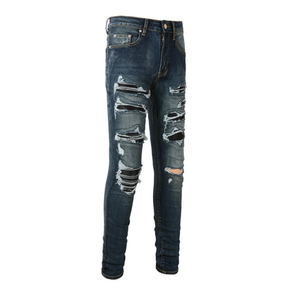 Wholesale Black Patch Pants Hip Hop Blue Clothing Stretch Elastic Stack Ripped Slim Fit Skinny Designer Denim Jeans for Men