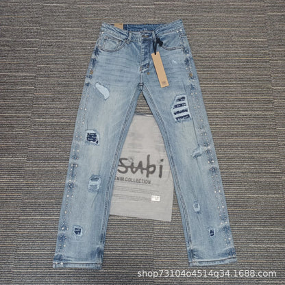 High Street Men's Jeans New Fashion Style Solid Denim Pants Mid Waist Hip Hop Style Print Casual Washed Hole Spring KSUBIING