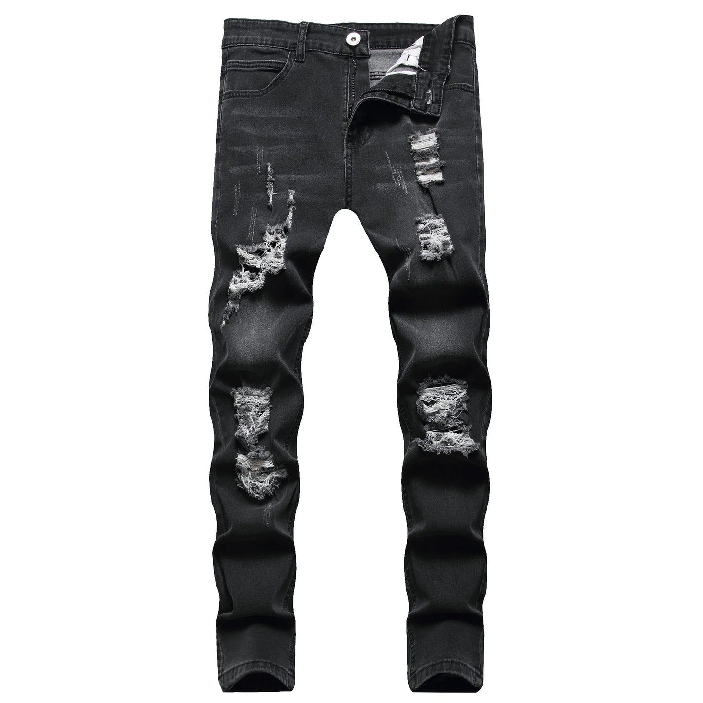 Vintage Punk Style Men's Denim Jeans Mid Waist Slim Stretch Printed 100% Cotton Casual Summer Style with Ripped Design