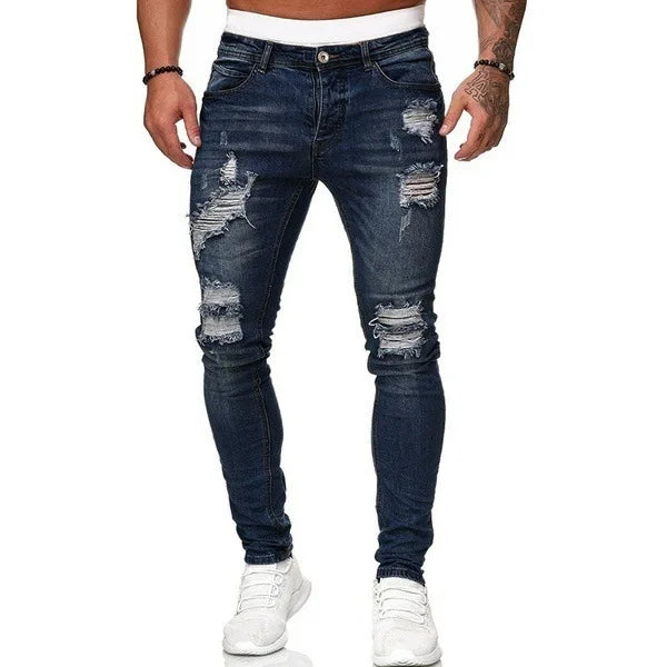 Vintage Punk Style Men's Denim Jeans Mid Waist Slim Stretch Printed 100% Cotton Casual Summer Style with Ripped Design