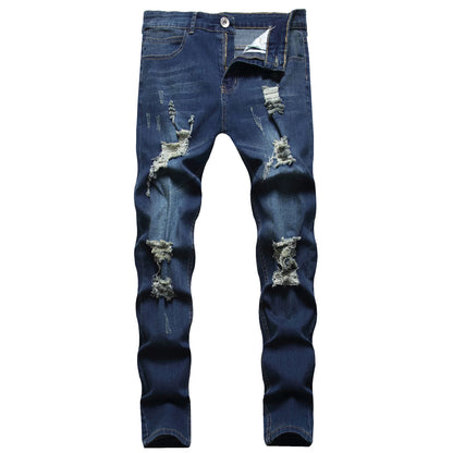 Vintage Punk Style Men's Denim Jeans Mid Waist Slim Stretch Printed 100% Cotton Casual Summer Style with Ripped Design