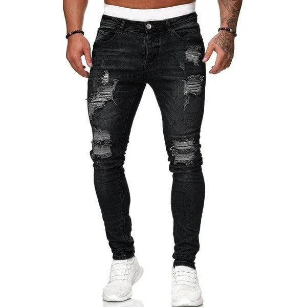 Vintage Punk Style Men's Denim Jeans Mid Waist Slim Stretch Printed 100% Cotton Casual Summer Style with Ripped Design