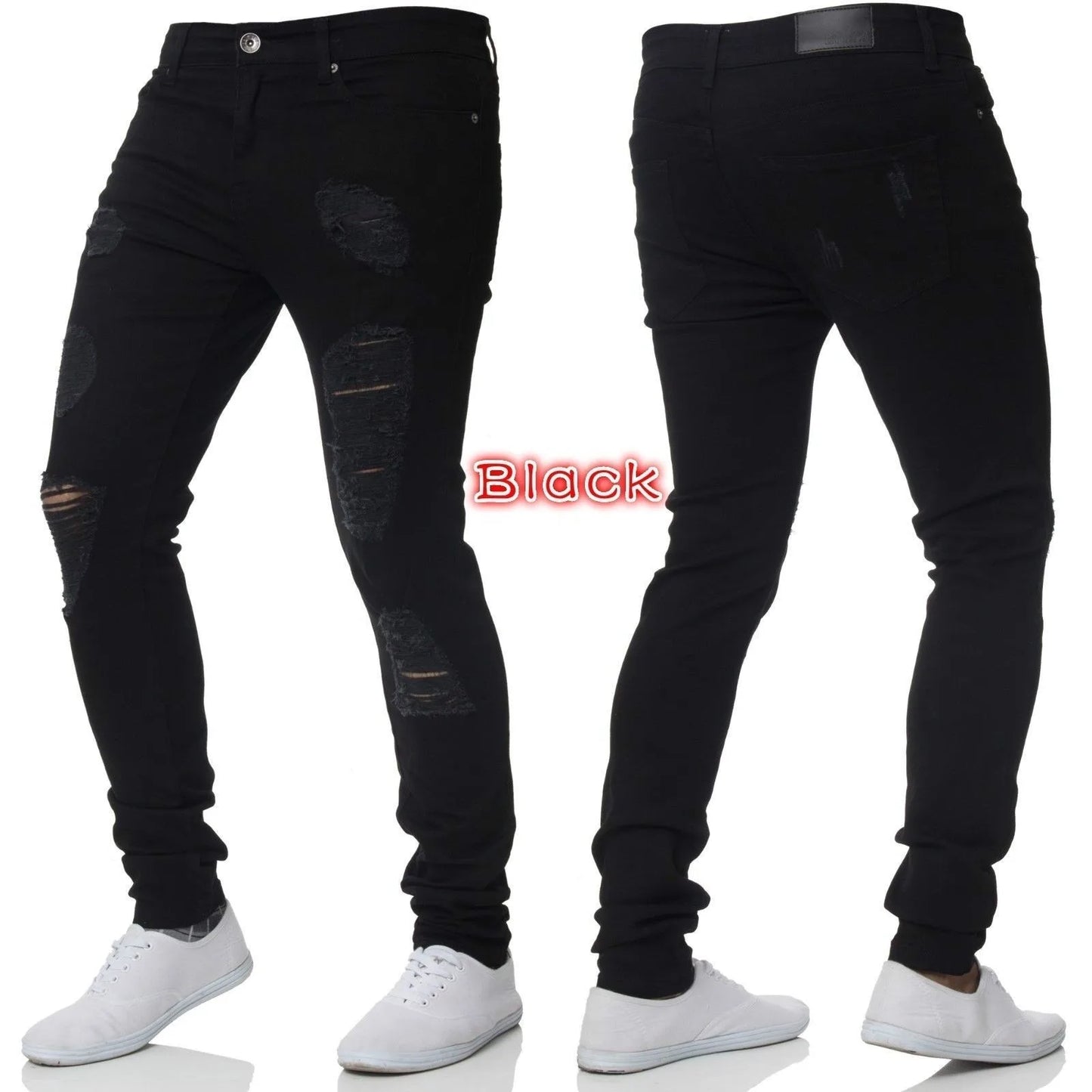 Vintage Punk Style Men's Denim Jeans Mid Waist Slim Stretch Printed 100% Cotton Casual Summer Style with Ripped Design