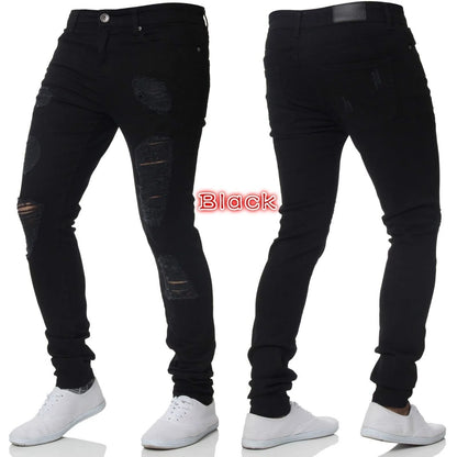 Vintage Punk Style Men's Denim Jeans Mid Waist Slim Stretch Printed 100% Cotton Casual Summer Style with Ripped Design