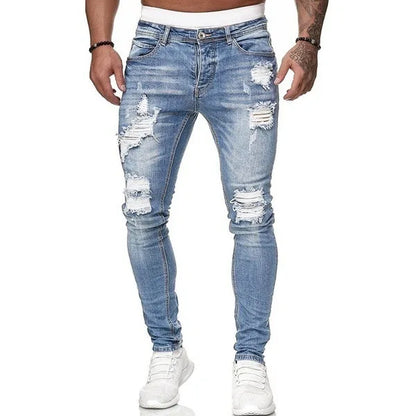 Vintage Punk Style Men's Denim Jeans Mid Waist Slim Stretch Printed 100% Cotton Casual Summer Style with Ripped Design