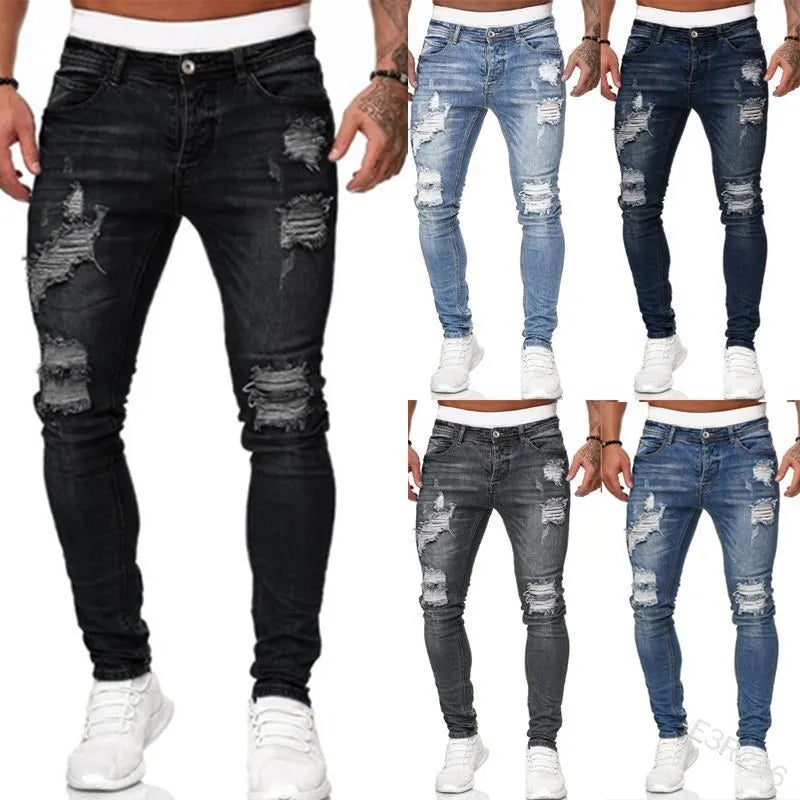 Vintage Punk Style Men's Denim Jeans Mid Waist Slim Stretch Printed 100% Cotton Casual Summer Style with Ripped Design