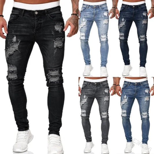 Vintage Punk Style Men's Denim Jeans Mid Waist Slim Stretch Printed 100% Cotton Casual Summer Style with Ripped Design
