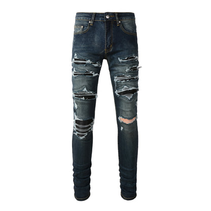 Wholesale Black Patch Pants Hip Hop Blue Clothing Stretch Elastic Stack Ripped Slim Fit Skinny Designer Denim Jeans for Men
