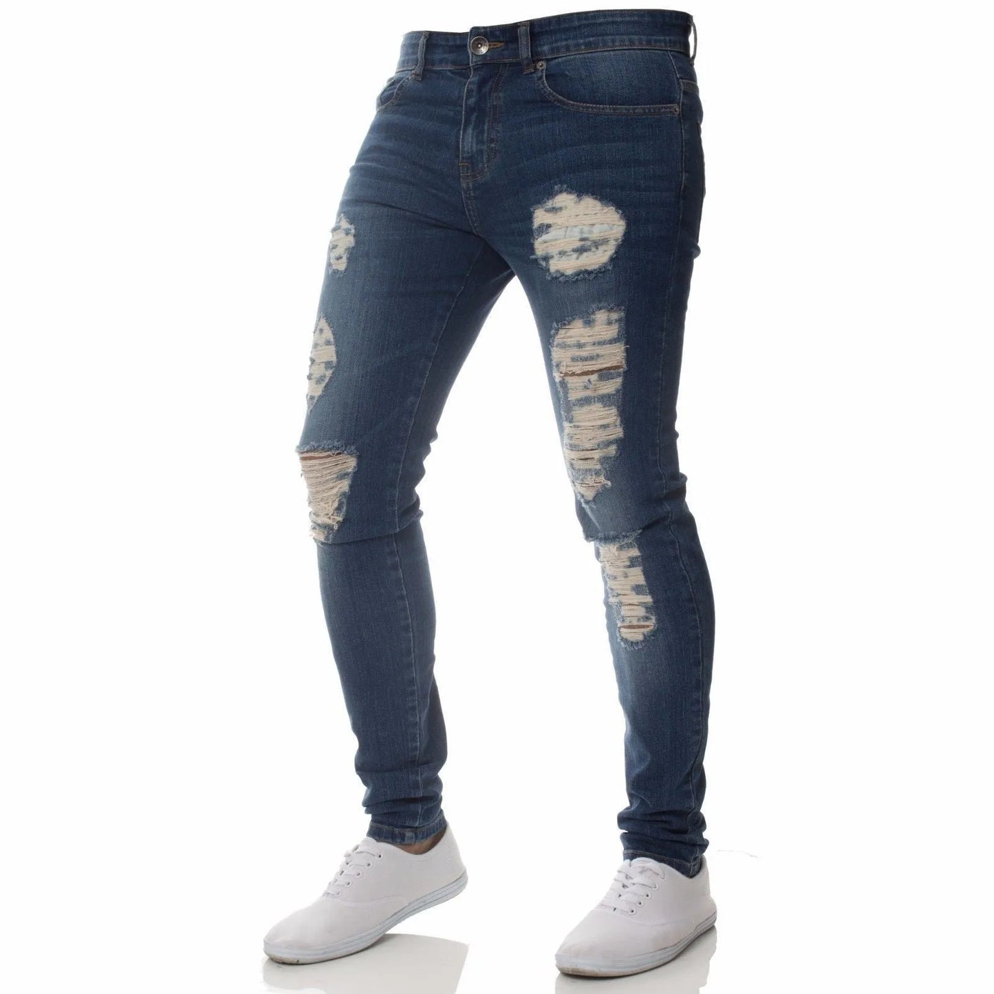 Vintage Punk Style Men's Denim Jeans Mid Waist Slim Stretch Printed 100% Cotton Casual Summer Style with Ripped Design
