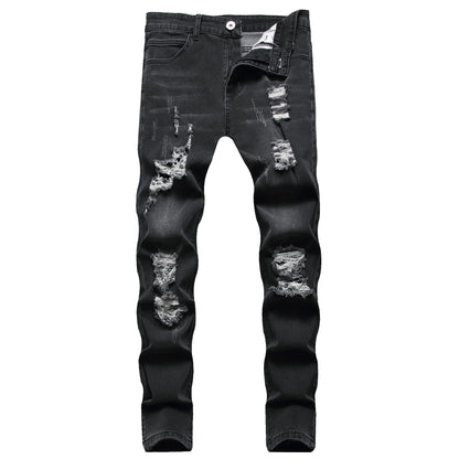 Vintage Punk Style Men's Denim Jeans Mid Waist Slim Stretch Printed 100% Cotton Casual Summer Style with Ripped Design