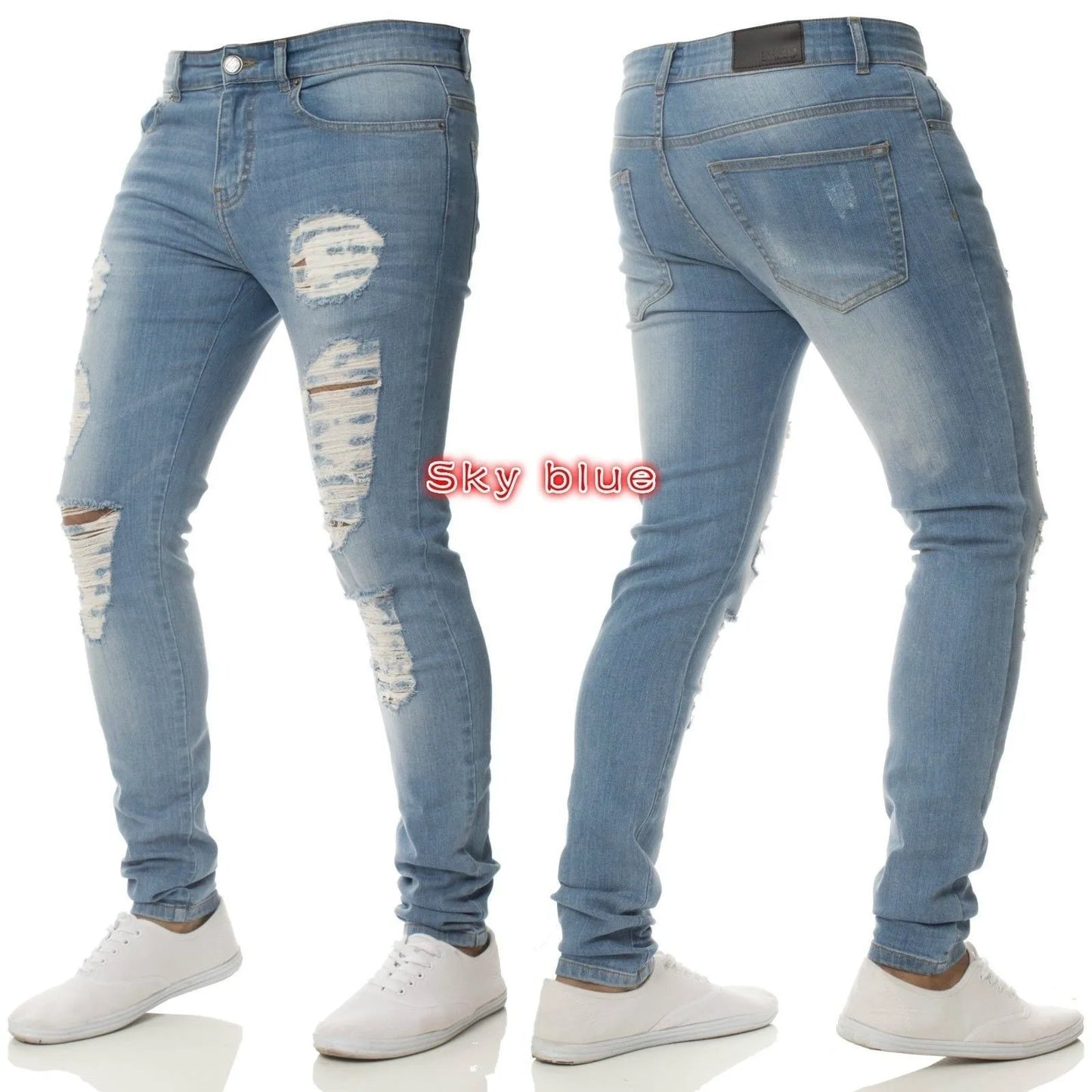 Vintage Punk Style Men's Denim Jeans Mid Waist Slim Stretch Printed 100% Cotton Casual Summer Style with Ripped Design
