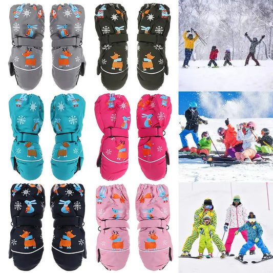 Kids Boys Girls Fashion Waterproof Print Cartoon Deer Rabbit Windproof Children Ski Gloves Long-sleeved Mittens Thick Warm
