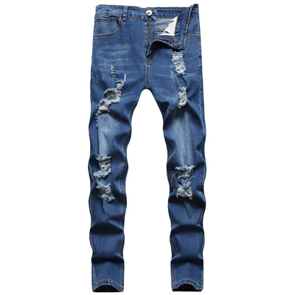 Vintage Punk Style Men's Denim Jeans Mid Waist Slim Stretch Printed 100% Cotton Casual Summer Style with Ripped Design