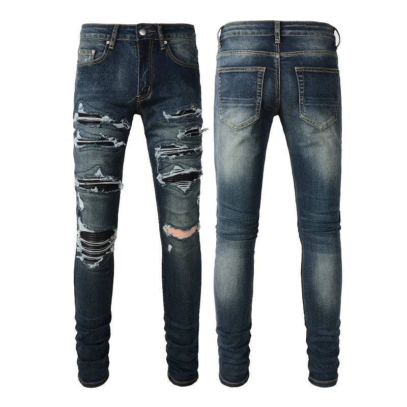 Wholesale Black Patch Pants Hip Hop Blue Clothing Stretch Elastic Stack Ripped Slim Fit Skinny Designer Denim Jeans for Men