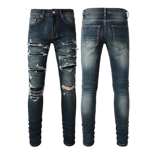 Wholesale Black Patch Pants Hip Hop Blue Clothing Stretch Elastic Stack Ripped Slim Fit Skinny Designer Denim Jeans for Men