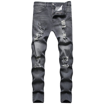 Vintage Punk Style Men's Denim Jeans Mid Waist Slim Stretch Printed 100% Cotton Casual Summer Style with Ripped Design