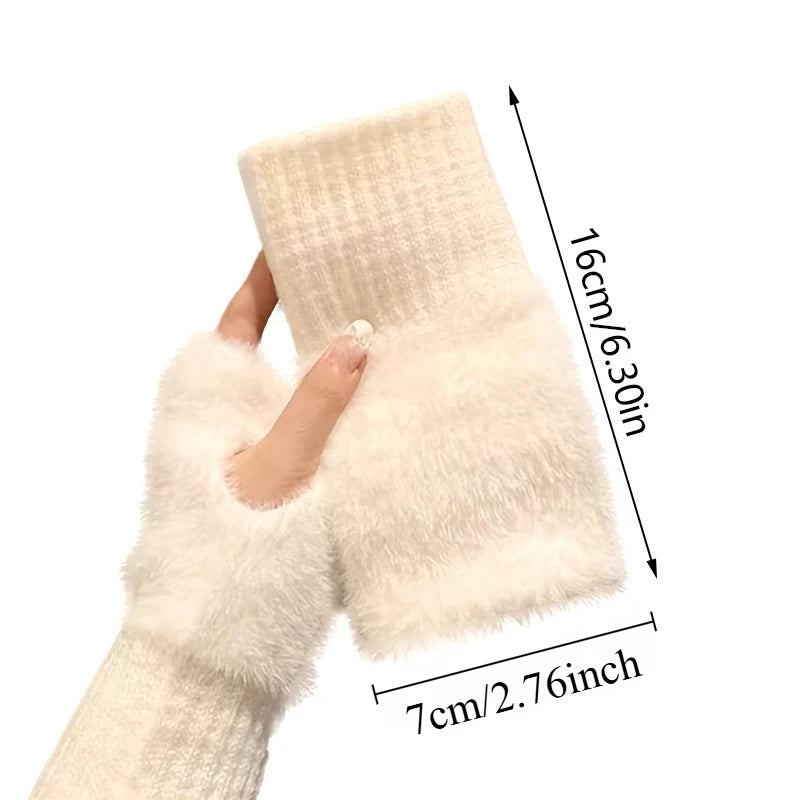Autumn Winter Soft Mink Fleece Half Finger Gloves Women Plush Knitted Fingerless Gloves Wrist Mittens Driving Writting Gloves
