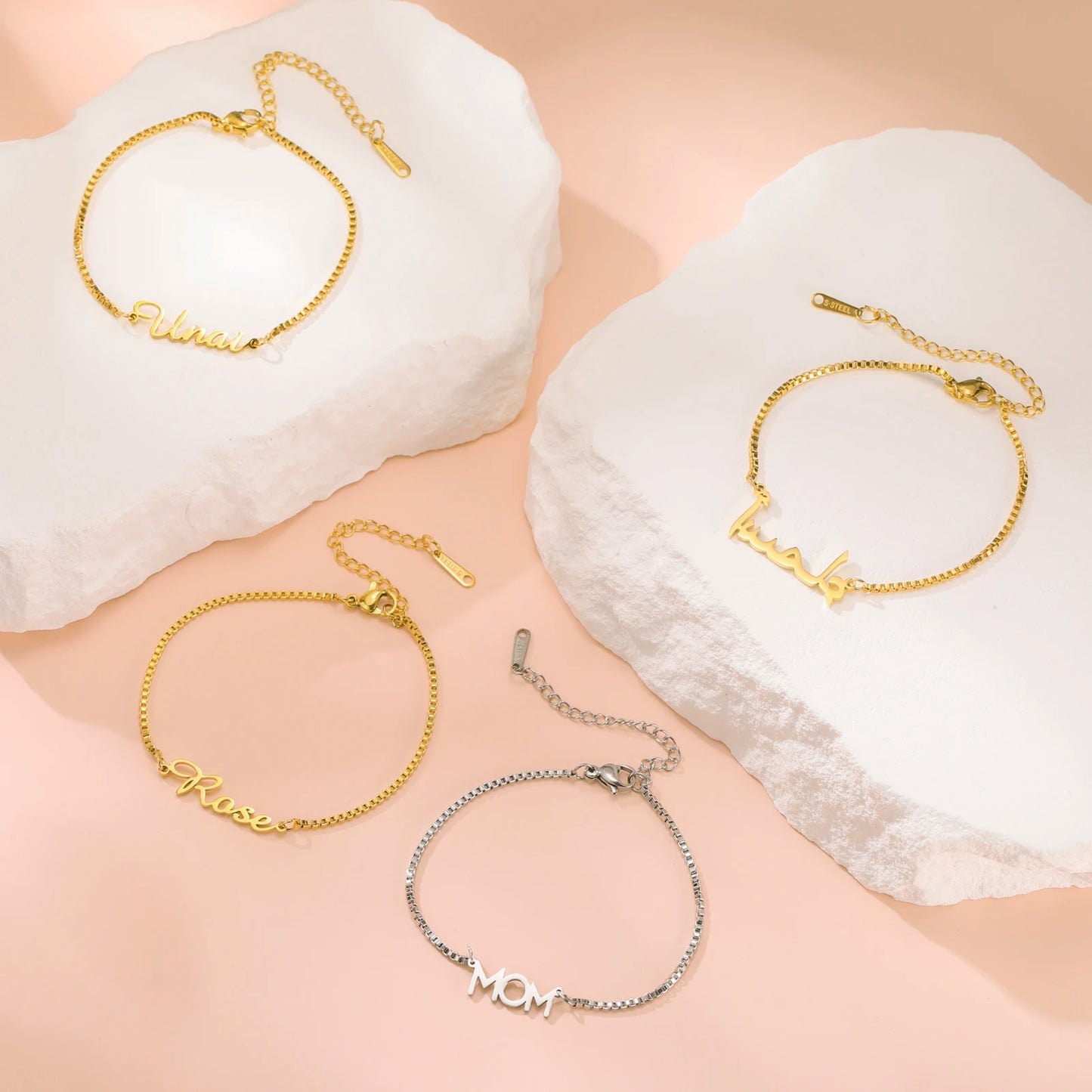 Women Girls Personalized Name Bracelet Stainless Steel Box Chain Letter Customized Charm Bracelets Unique Custom Jewelry Gift